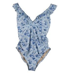 A Pea in the Pod Womens M Blue Floral Maternity Swimsuit Ruffle Coquette